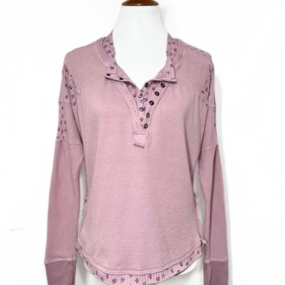SOLD-Free People Layered Look Lavender Cherry Print Thermal Henley Knit Top - Picture 8 of 12